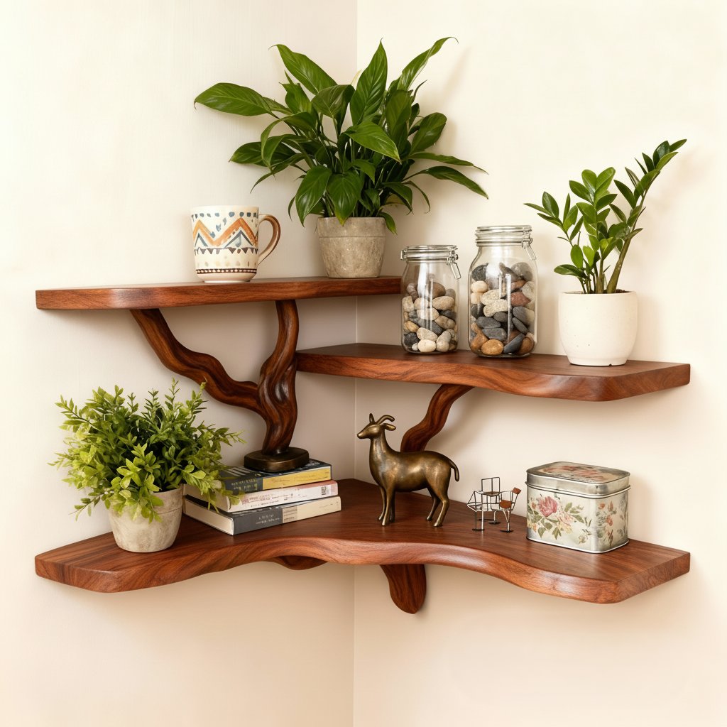 Solid Wood Wall Shelf with Sculptural Tree-Branch Live-Edge Base for Plants