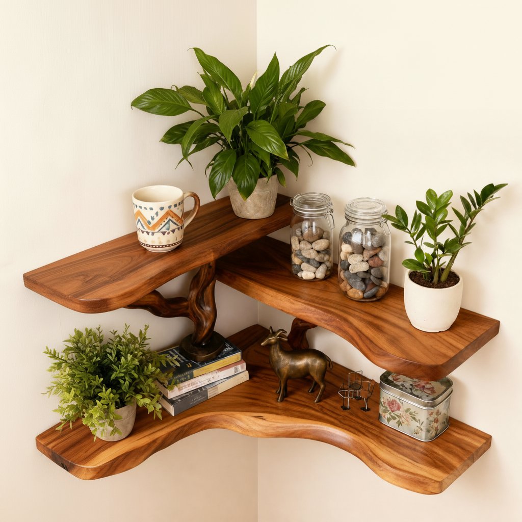 Solid Wood Wall Shelf with Sculptural Tree-Branch Live-Edge Base for Plants