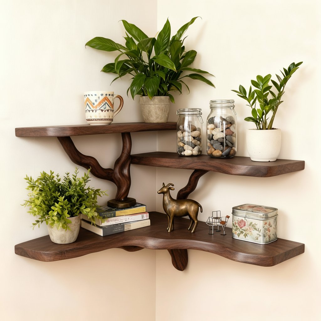 Solid Wood Wall Shelf with Sculptural Tree-Branch Live-Edge Base for Plants
