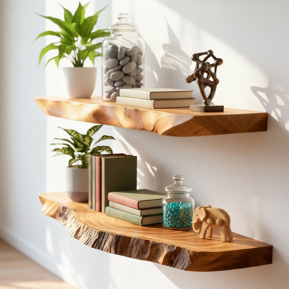 Solid Wood Wall Shelf Thick Live-Edge Floating Slab Ledges for Living Room
