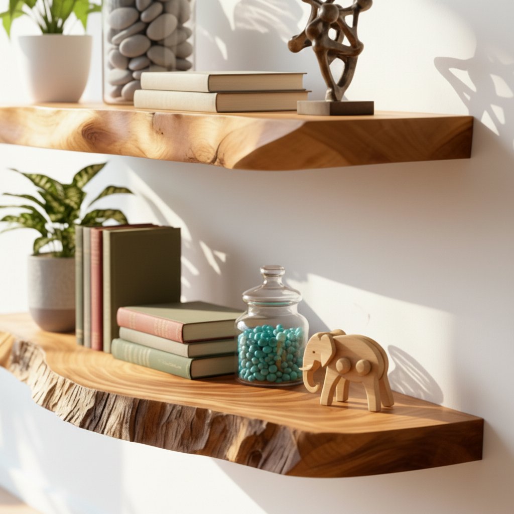 Solid Wood Wall Shelf Thick Live-Edge Floating Slab Ledges for Living Room