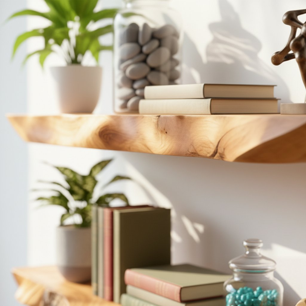 Solid Wood Wall Shelf Thick Live-Edge Floating Slab Ledges for Living Room