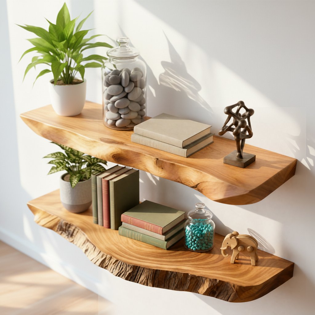 Solid Wood Wall Shelf Thick Live-Edge Floating Slab Ledges for Living Room