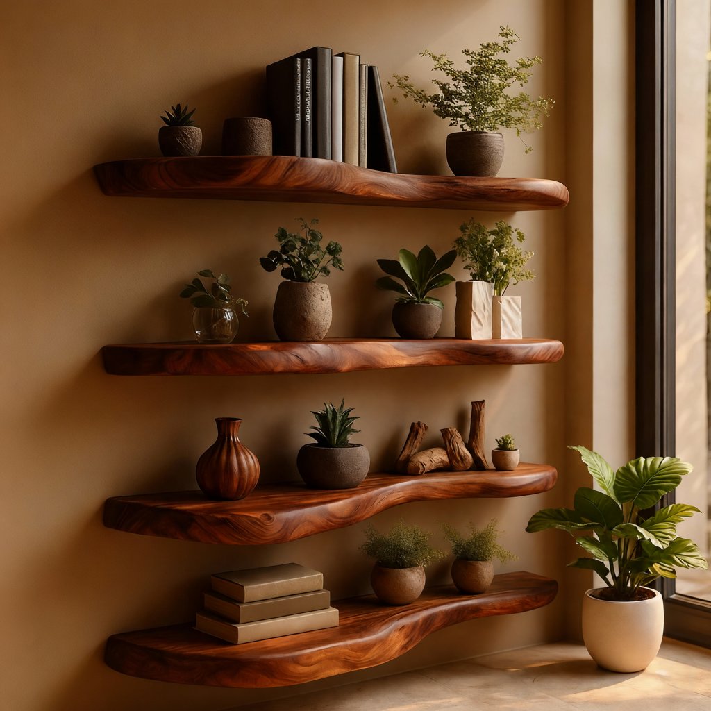 Solid Wood Wall Shelf Multi-Tier Live-Edge Floating Ledges for Book Display