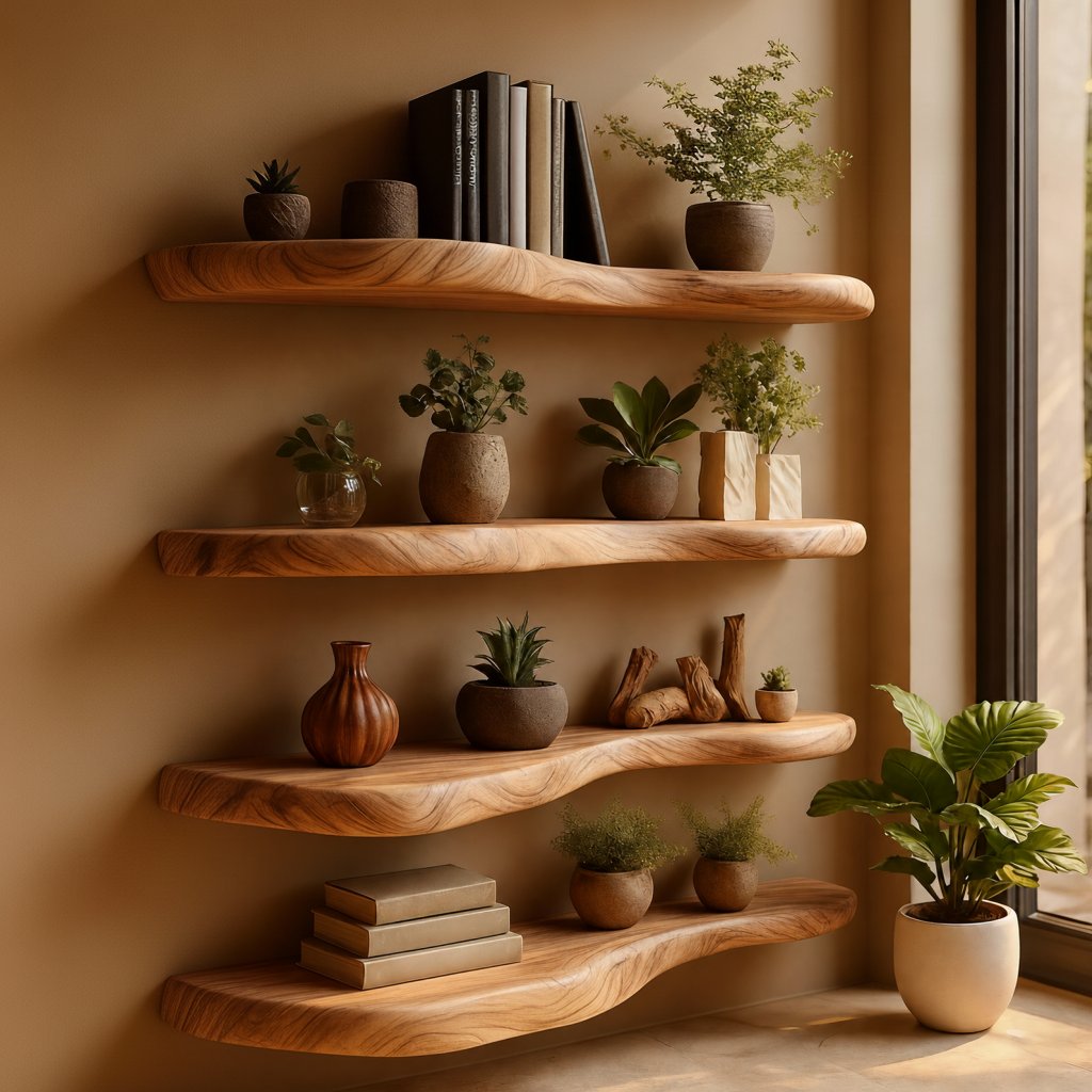 Solid Wood Wall Shelf Multi-Tier Live-Edge Floating Ledges for Book Display