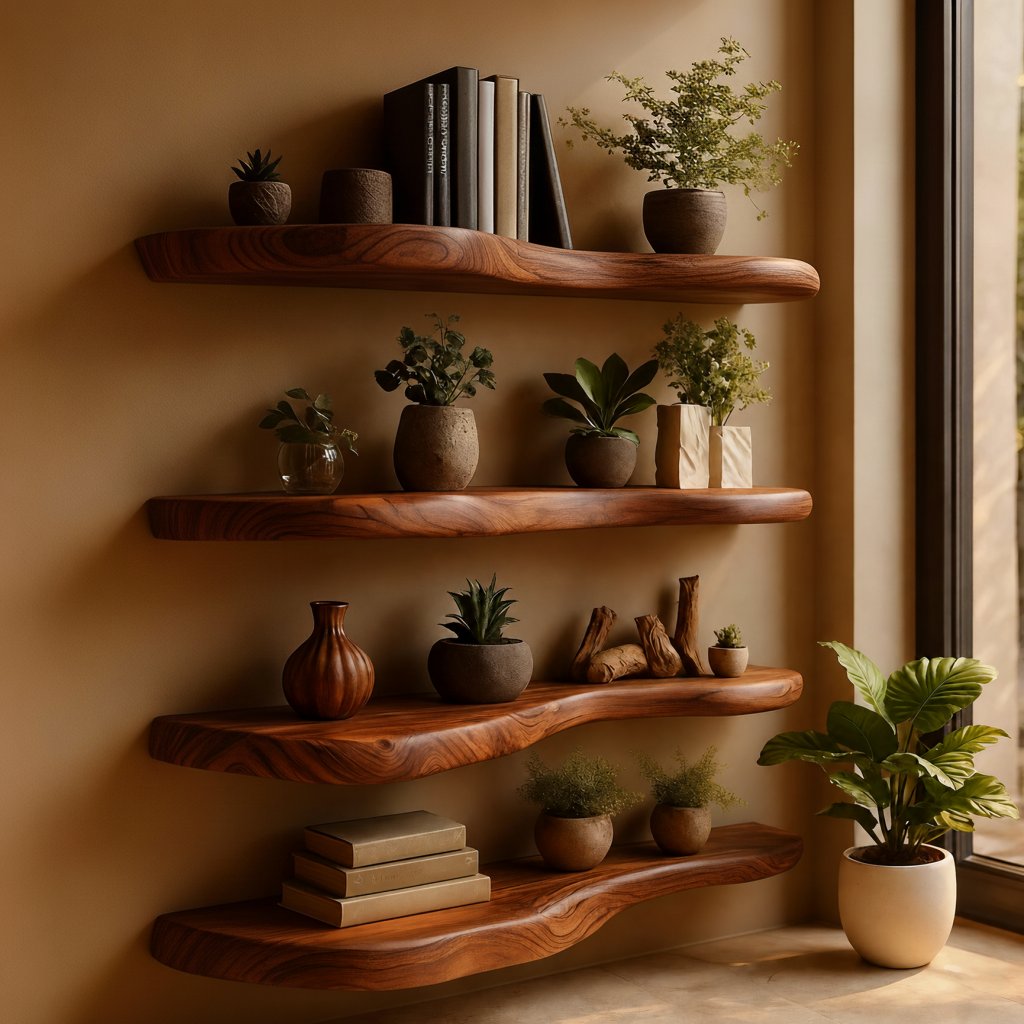 Solid Wood Wall Shelf Multi-Tier Live-Edge Floating Ledges for Book Display