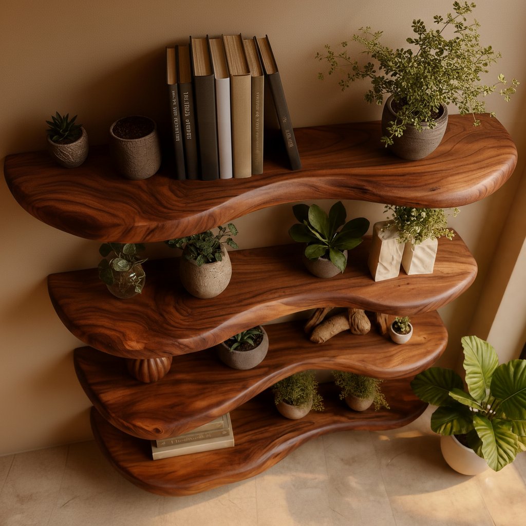 Solid Wood Wall Shelf Multi-Tier Live-Edge Floating Ledges for Book Display
