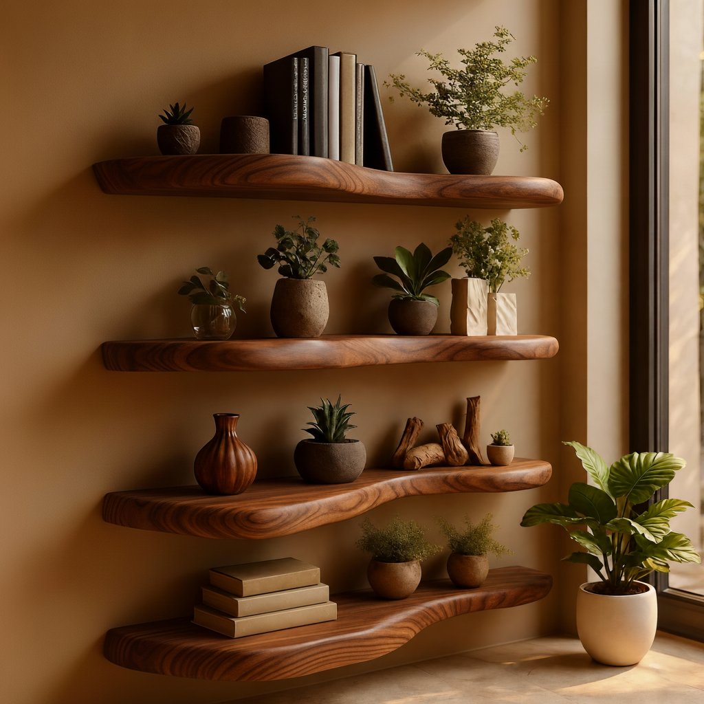 Solid Wood Wall Shelf Multi-Tier Live-Edge Floating Ledges for Book Display