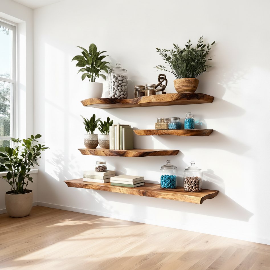 Solid Wood Wall Shelf Long Live-Edge Floating Ledges for Bright Living Room