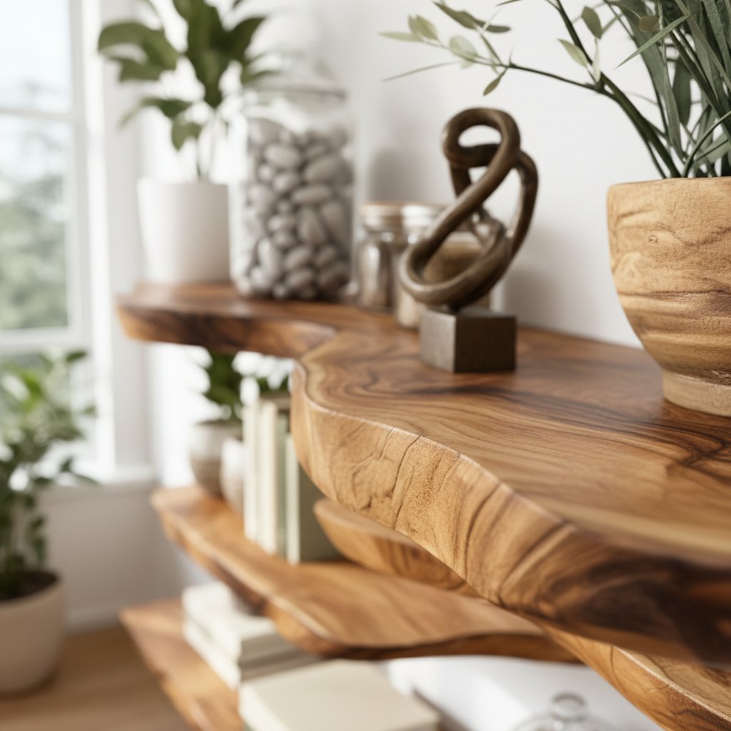 Solid Wood Wall Shelf Long Live-Edge Floating Ledges for Bright Living Room
