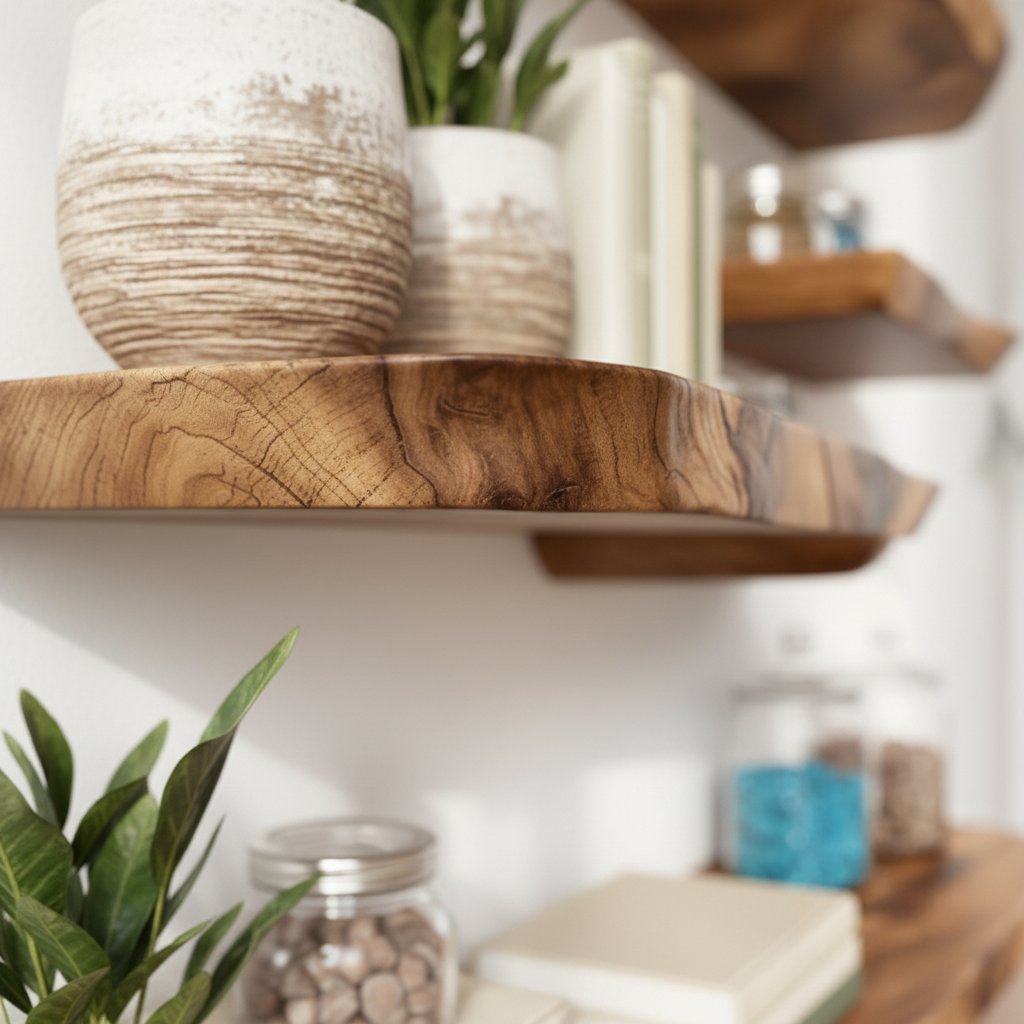 Solid Wood Wall Shelf Long Live-Edge Floating Ledges for Bright Living Room