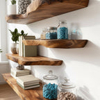 Solid Wood Wall Shelf Long Live-Edge Floating Ledges for Bright Living Room