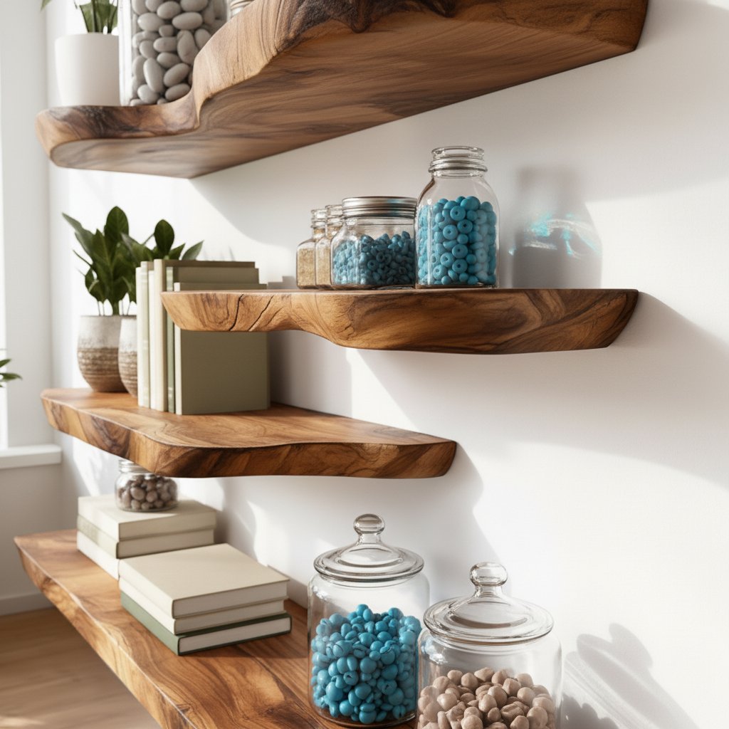 Solid Wood Wall Shelf Long Live-Edge Floating Ledges for Bright Living Room