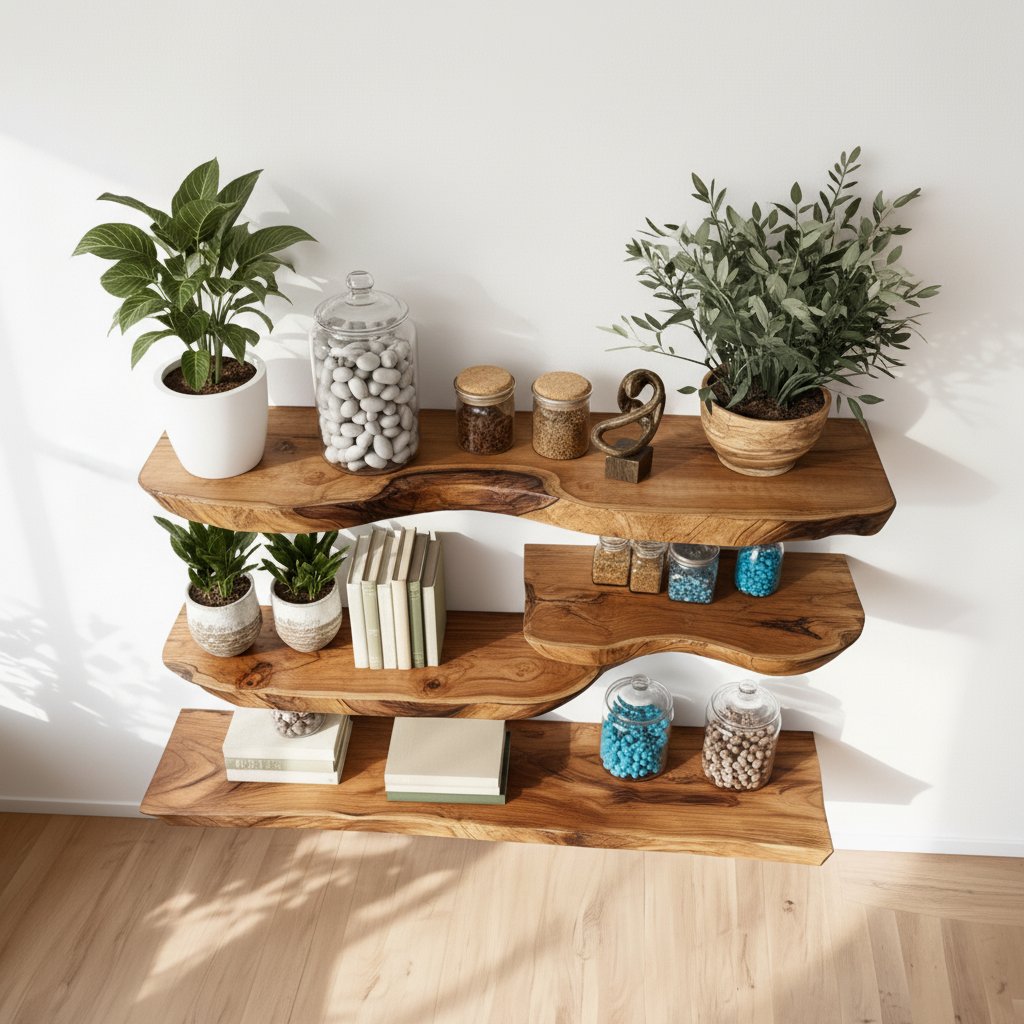 Solid Wood Wall Shelf Long Live-Edge Floating Ledges for Bright Living Room