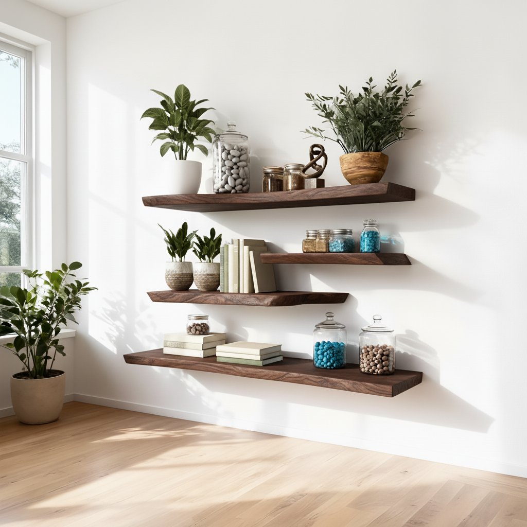 Solid Wood Wall Shelf Long Live-Edge Floating Ledges for Bright Living Room