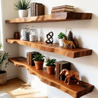 Solid Wood Wall Shelf Thick Live-Edge Floating Slabs for Living Room Storage
