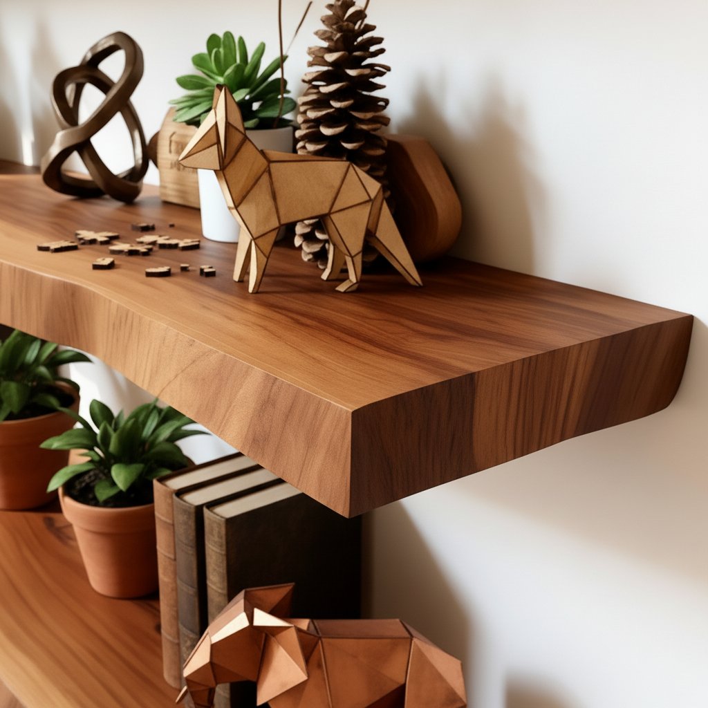 Solid Wood Wall Shelf Thick Live-Edge Floating Slabs for Living Room Storage