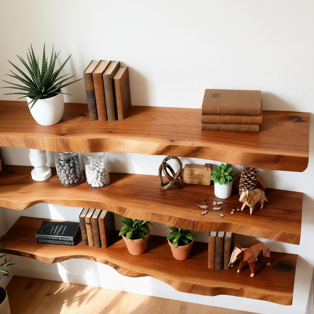 Solid Wood Wall Shelf Thick Live-Edge Floating Slabs for Living Room Storage