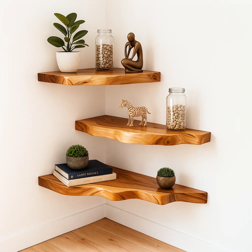 Solid Wood Corner Shelf Two-Tier Live-Edge Floating Display for Cozy Corner