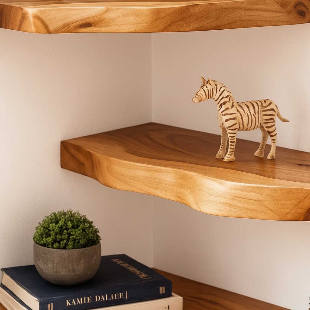 Solid Wood Corner Shelf Two-Tier Live-Edge Floating Display for Cozy Corner