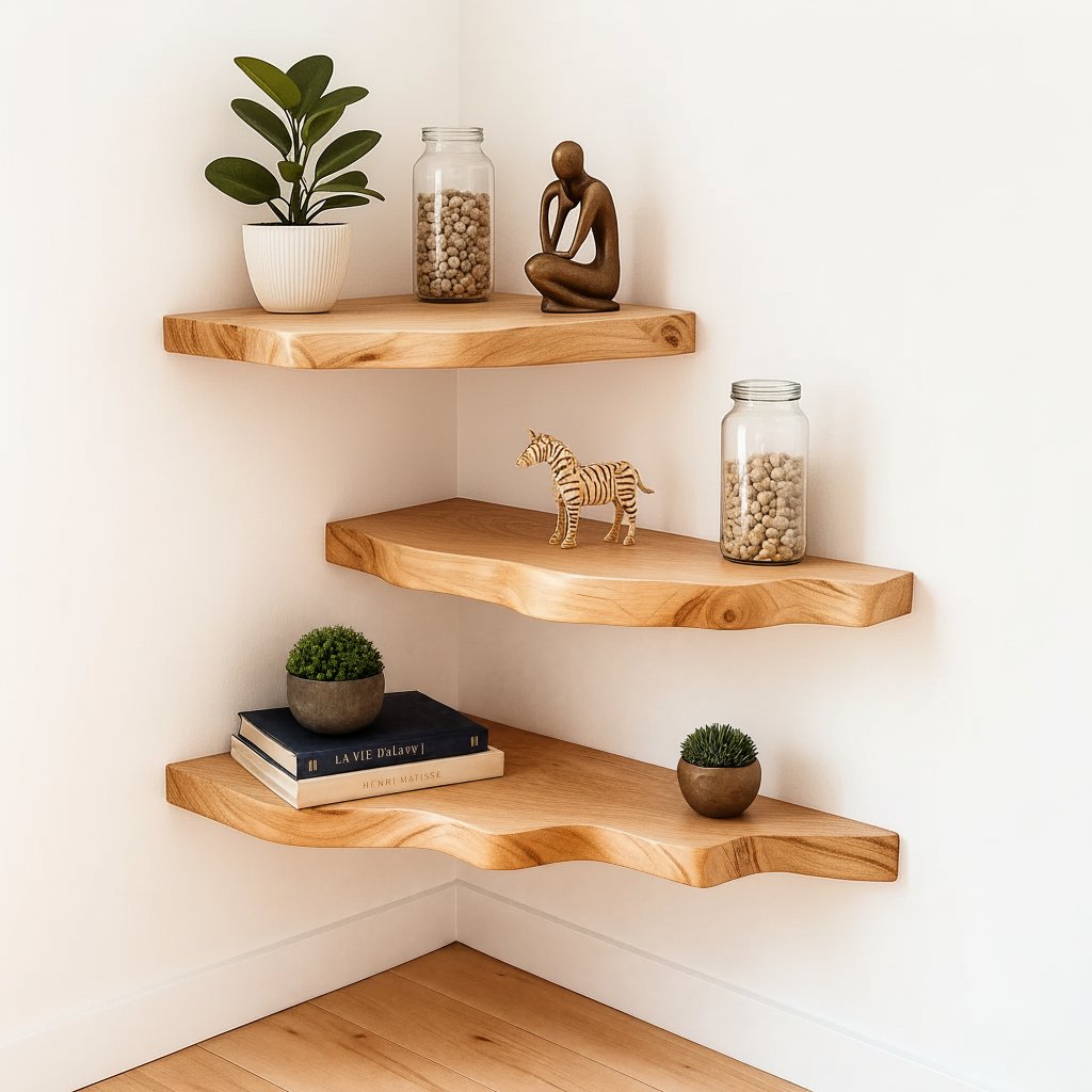 Solid Wood Corner Shelf Two-Tier Live-Edge Floating Display for Cozy Corner