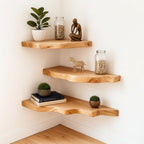 Solid Wood Corner Shelf Two-Tier Live-Edge Floating Display for Cozy Corner