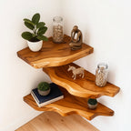 Solid Wood Corner Shelf Two-Tier Live-Edge Floating Display for Cozy Corner