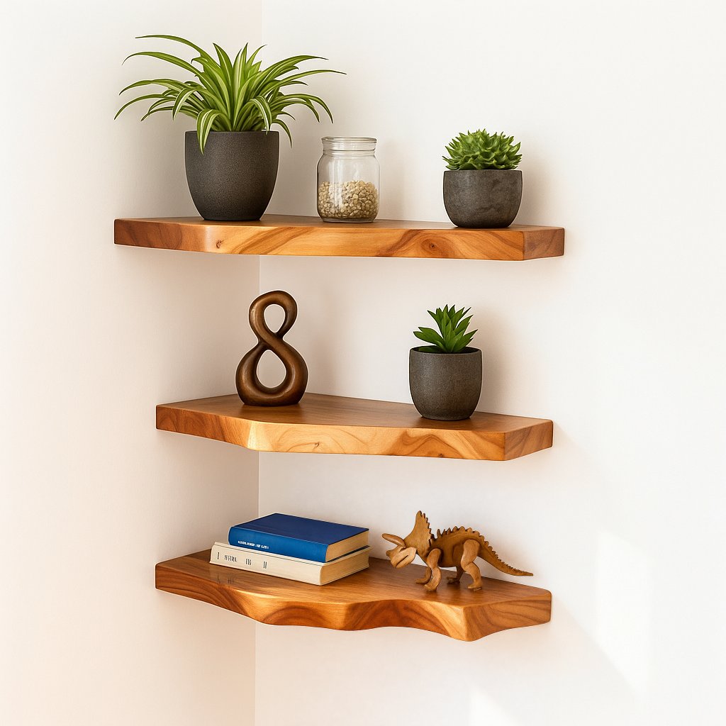 Solid Wood Wall Shelf Angular Live-Edge Floating Ledges for Modern Living Room
