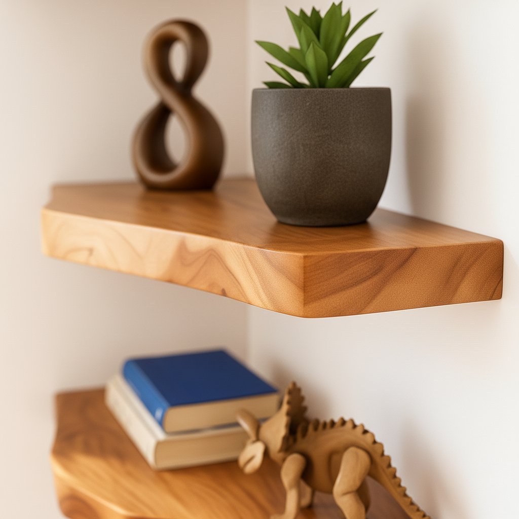 Solid Wood Wall Shelf Angular Live-Edge Floating Ledges for Modern Living Room