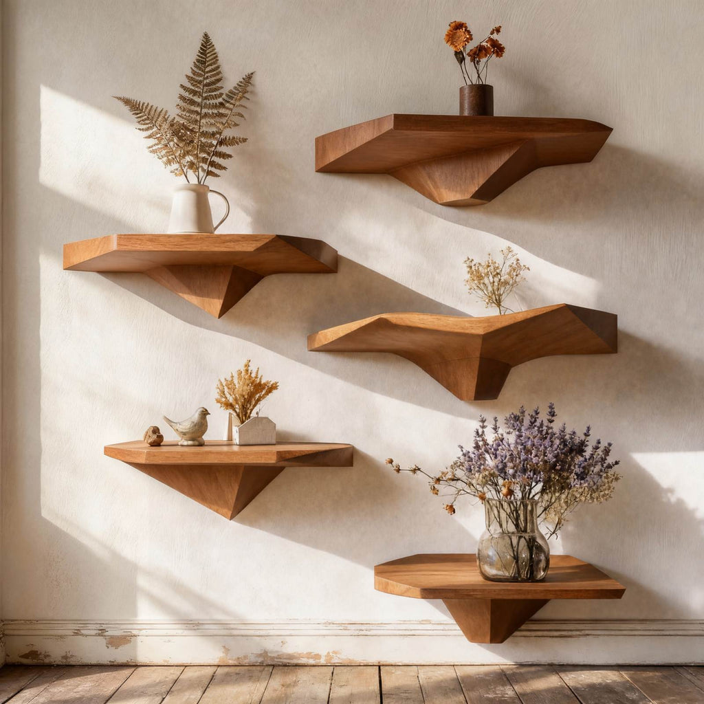 Solid Wood Wall Shelf Staggered Live-Edge Floating Ledges for Plant Display