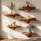 Solid Wood Wall Shelf Staggered Live-Edge Floating Ledges for Plant Display