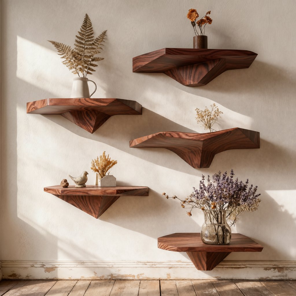 Solid Wood Wall Shelf Staggered Live-Edge Floating Ledges for Plant Display