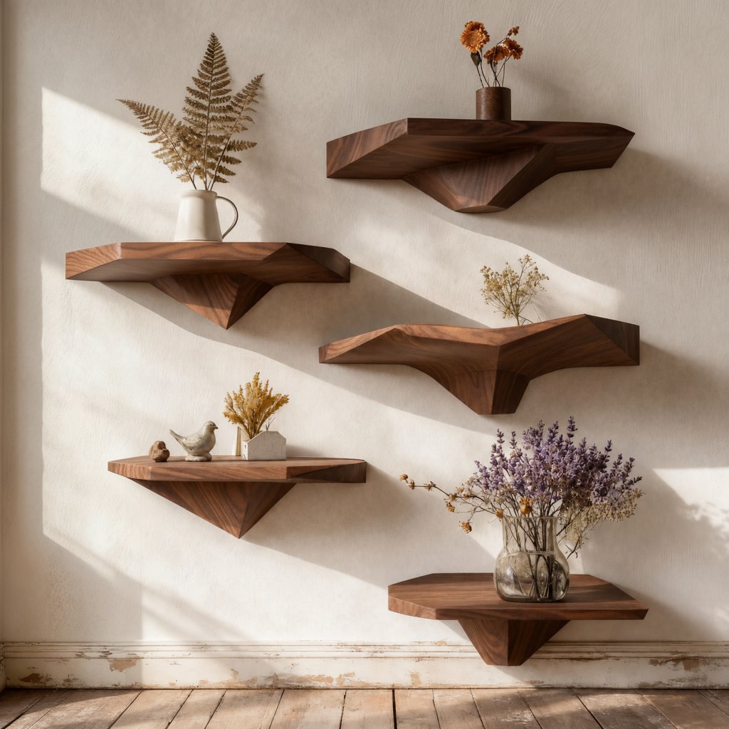 Solid Wood Wall Shelf Staggered Live-Edge Floating Ledges for Plant Display