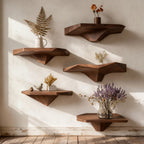Solid Wood Wall Shelf Staggered Live-Edge Floating Ledges for Plant Display