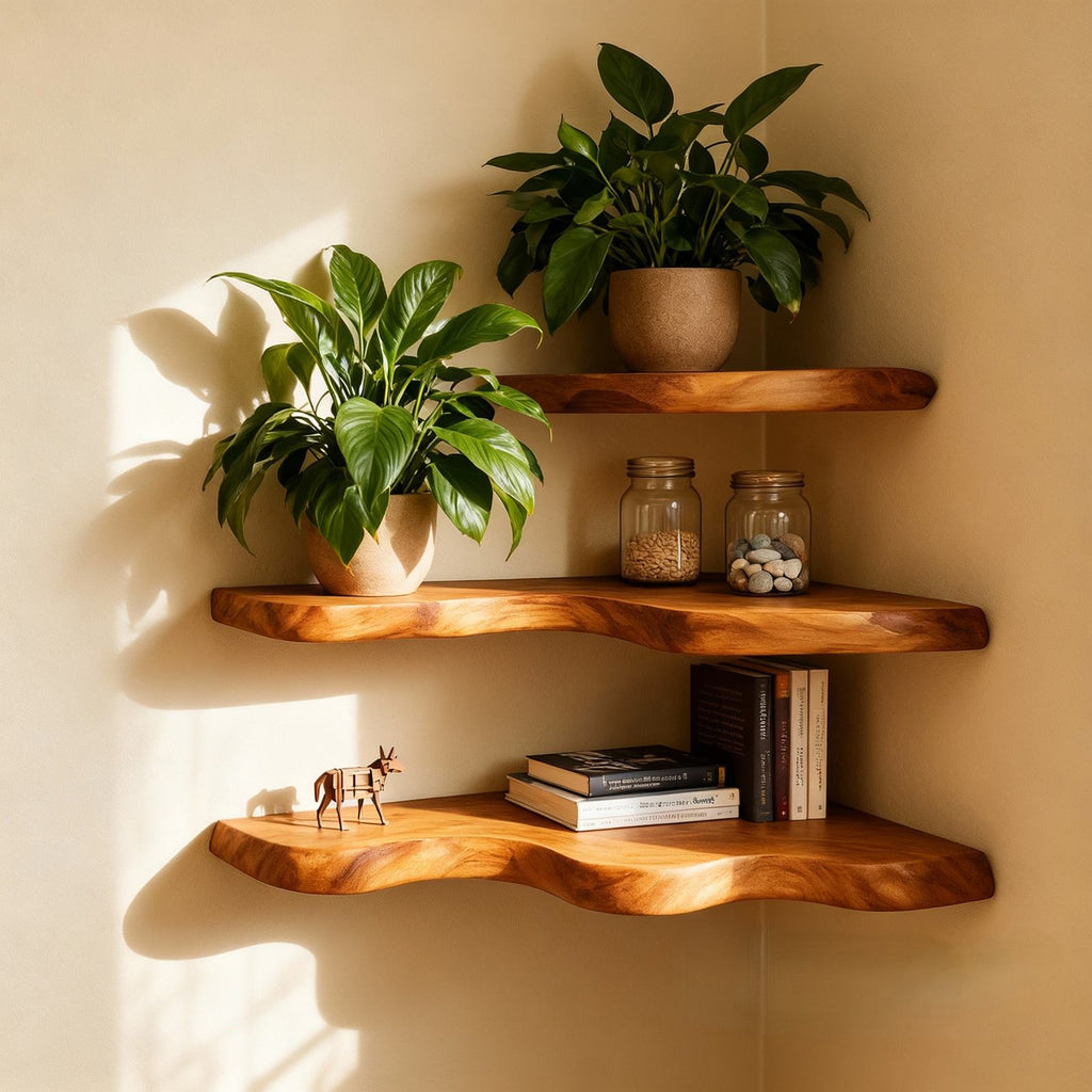 Solid Wood Corner Shelf Two-Tier Live-Edge Floating Display for Plant Corner
