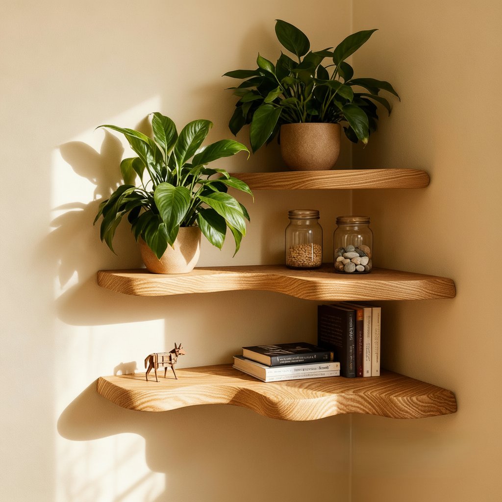 Solid Wood Corner Shelf Two-Tier Live-Edge Floating Display for Plant Corner