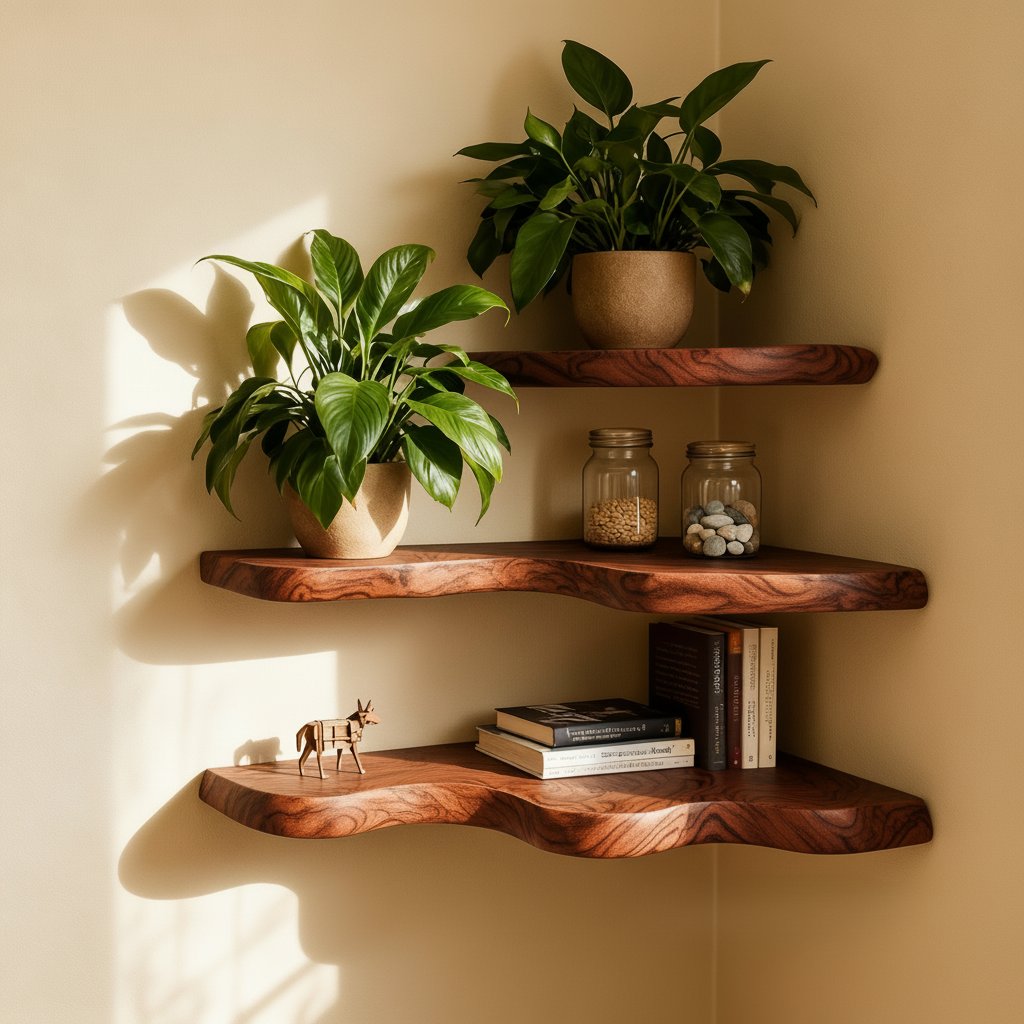 Solid Wood Corner Shelf Two-Tier Live-Edge Floating Display for Plant Corner