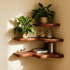 Solid Wood Corner Shelf Two-Tier Live-Edge Floating Display for Plant Corner