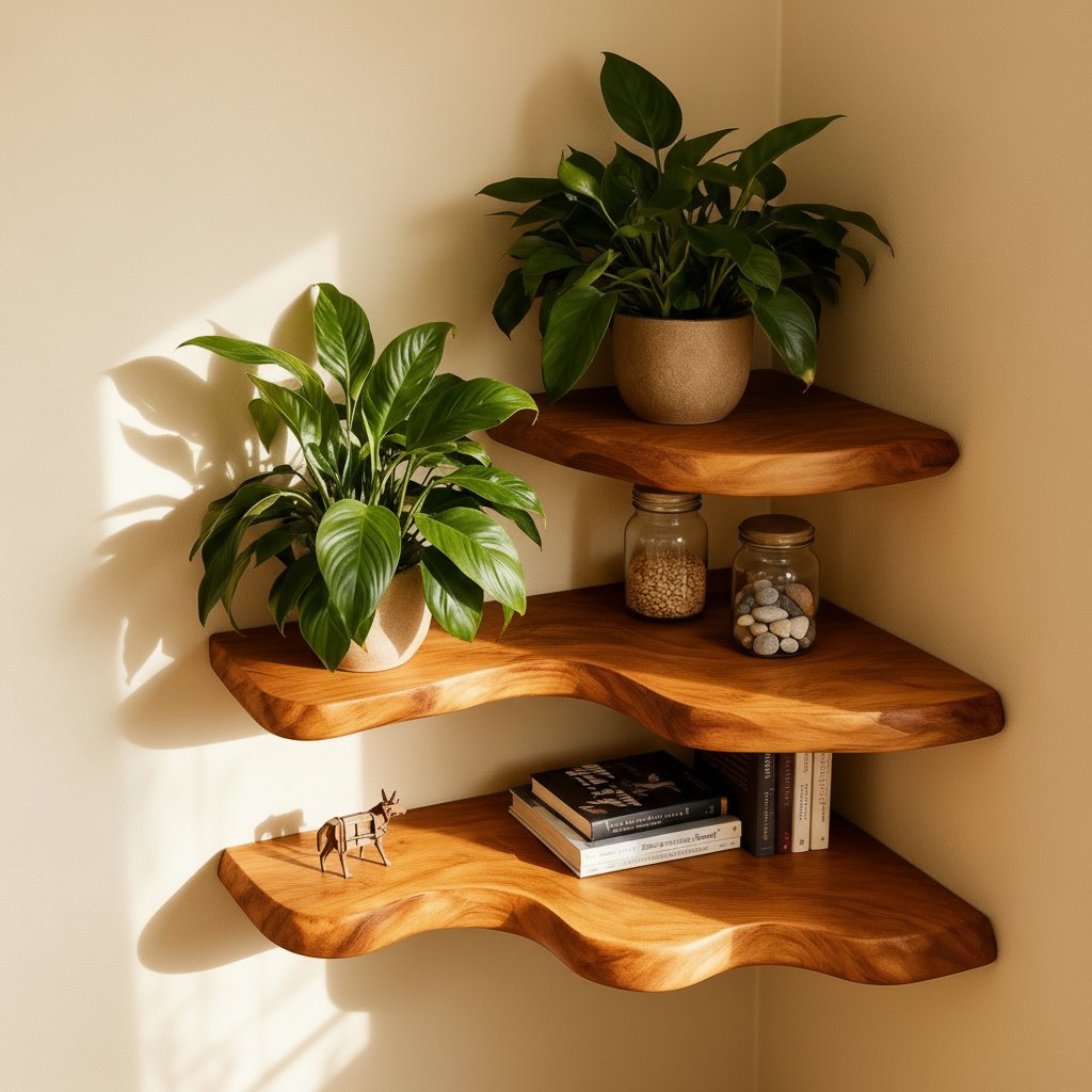 Solid Wood Corner Shelf Two-Tier Live-Edge Floating Display for Plant Corner