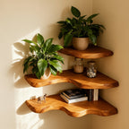 Solid Wood Corner Shelf Two-Tier Live-Edge Floating Display for Plant Corner