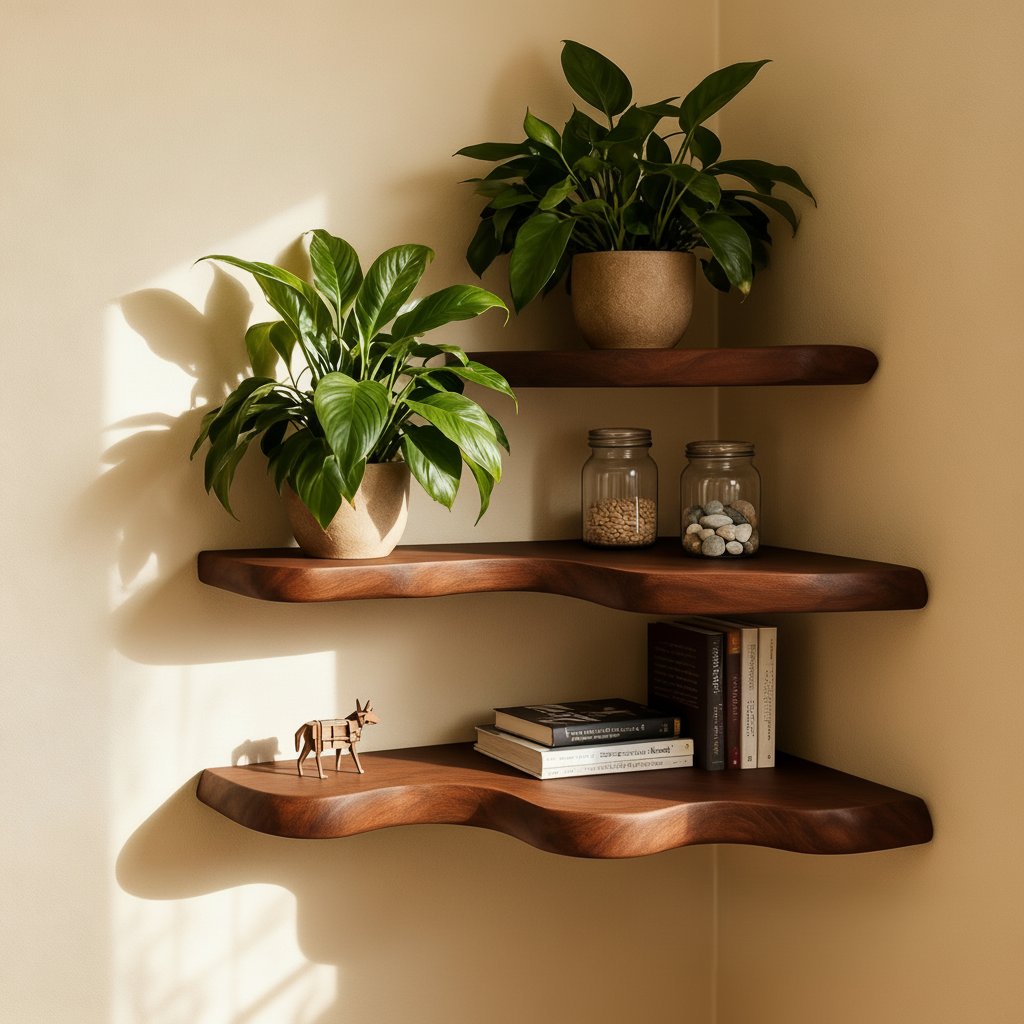 Solid Wood Corner Shelf Two-Tier Live-Edge Floating Display for Plant Corner