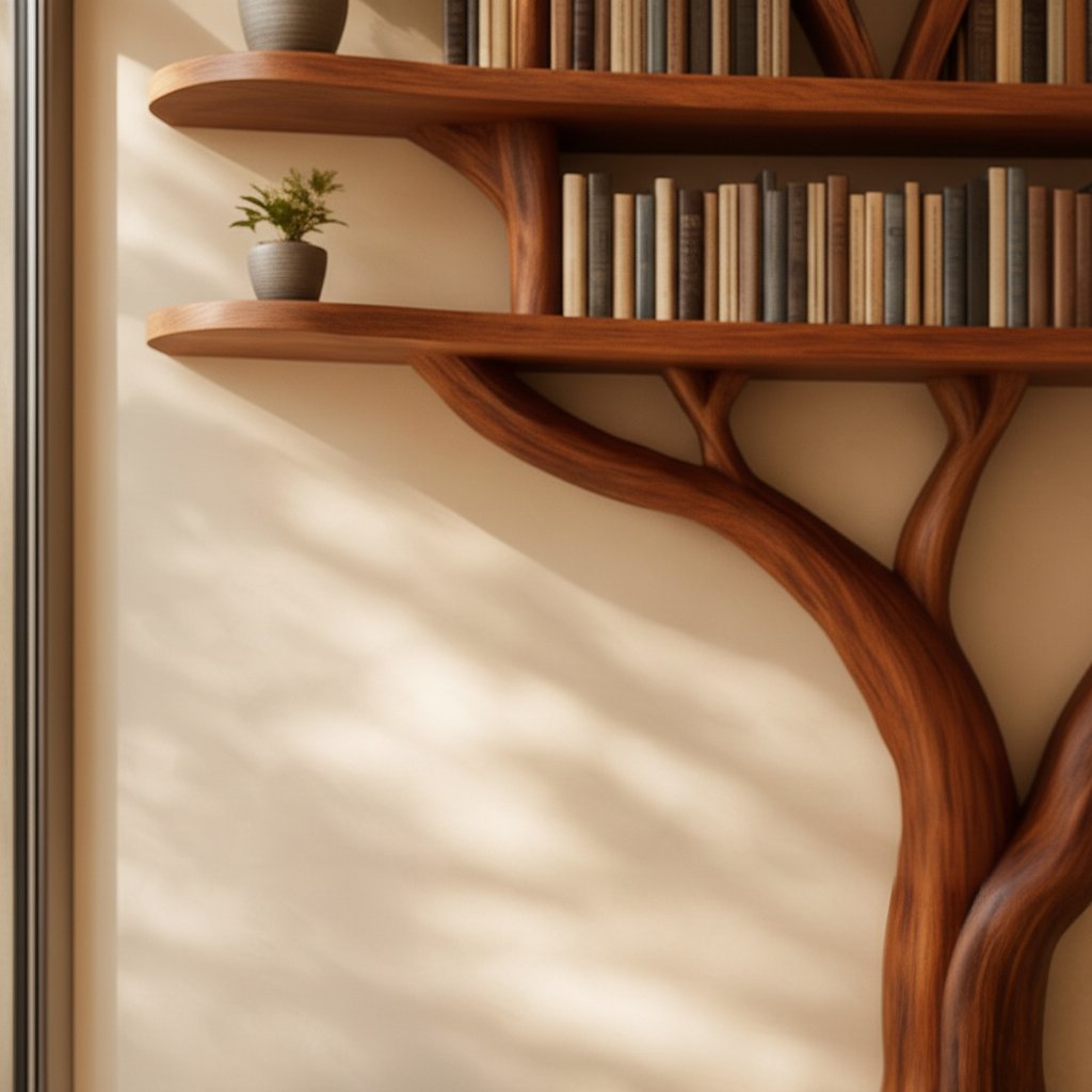 Solid Wood Bookshelf with Sculptural Tree-Branch Live-Edge Frame for Books