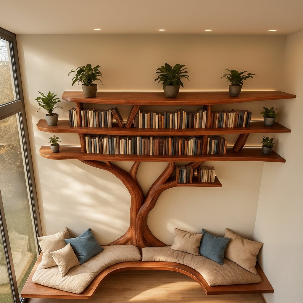 Solid Wood Bookshelf with Sculptural Tree-Branch Live-Edge Frame for Books