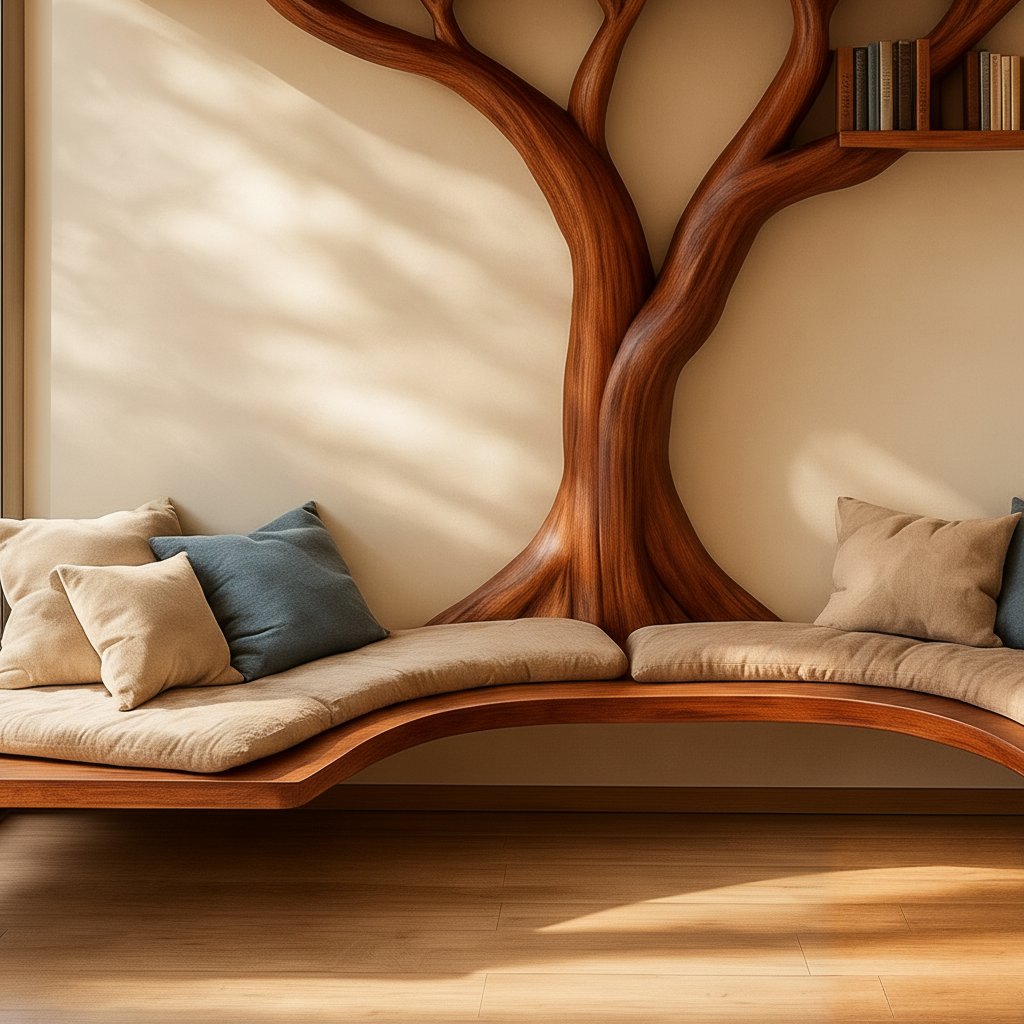 Solid Wood Bookshelf with Sculptural Tree-Branch Live-Edge Frame for Books