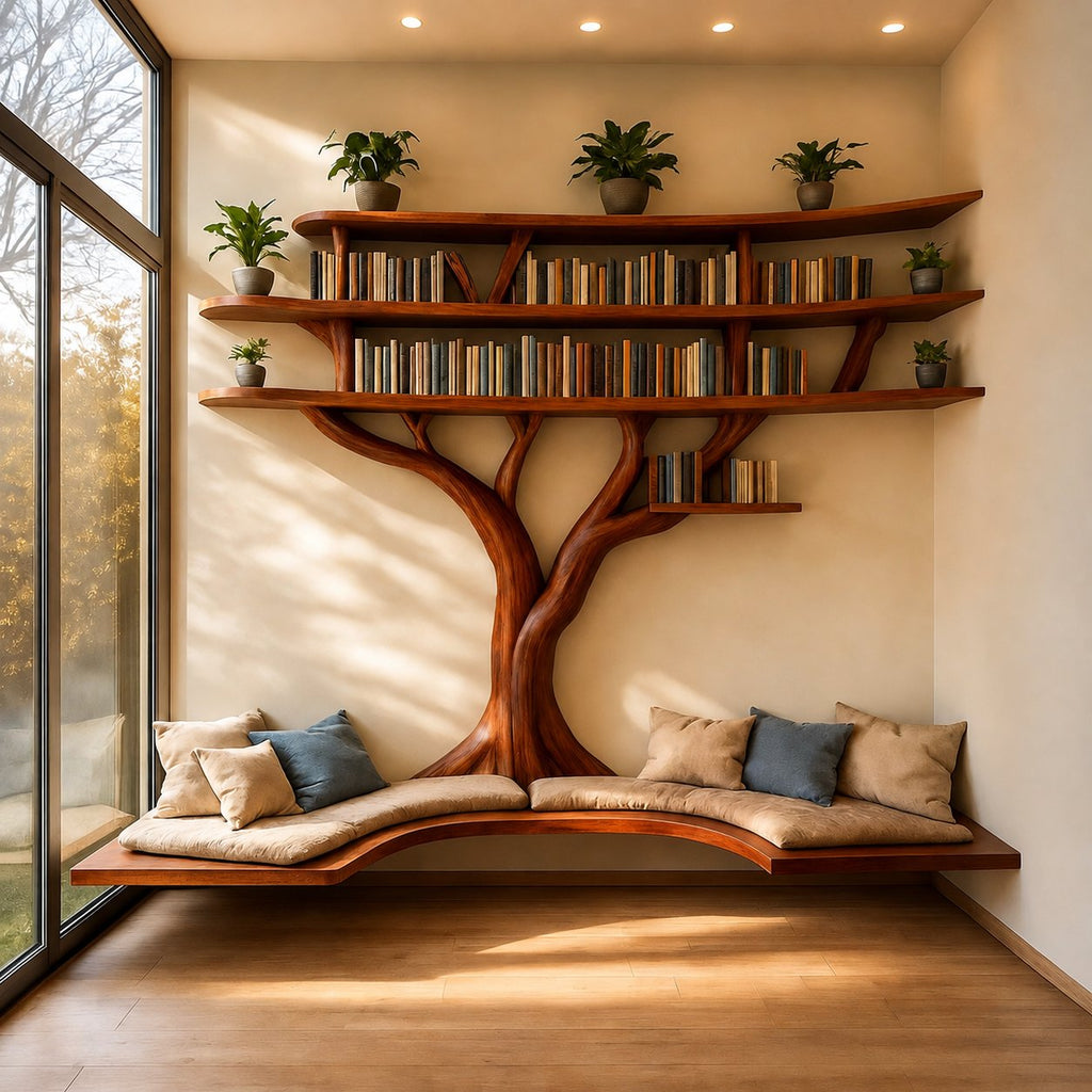 Solid Wood Bookshelf with Sculptural Tree-Branch Live-Edge Frame for Books