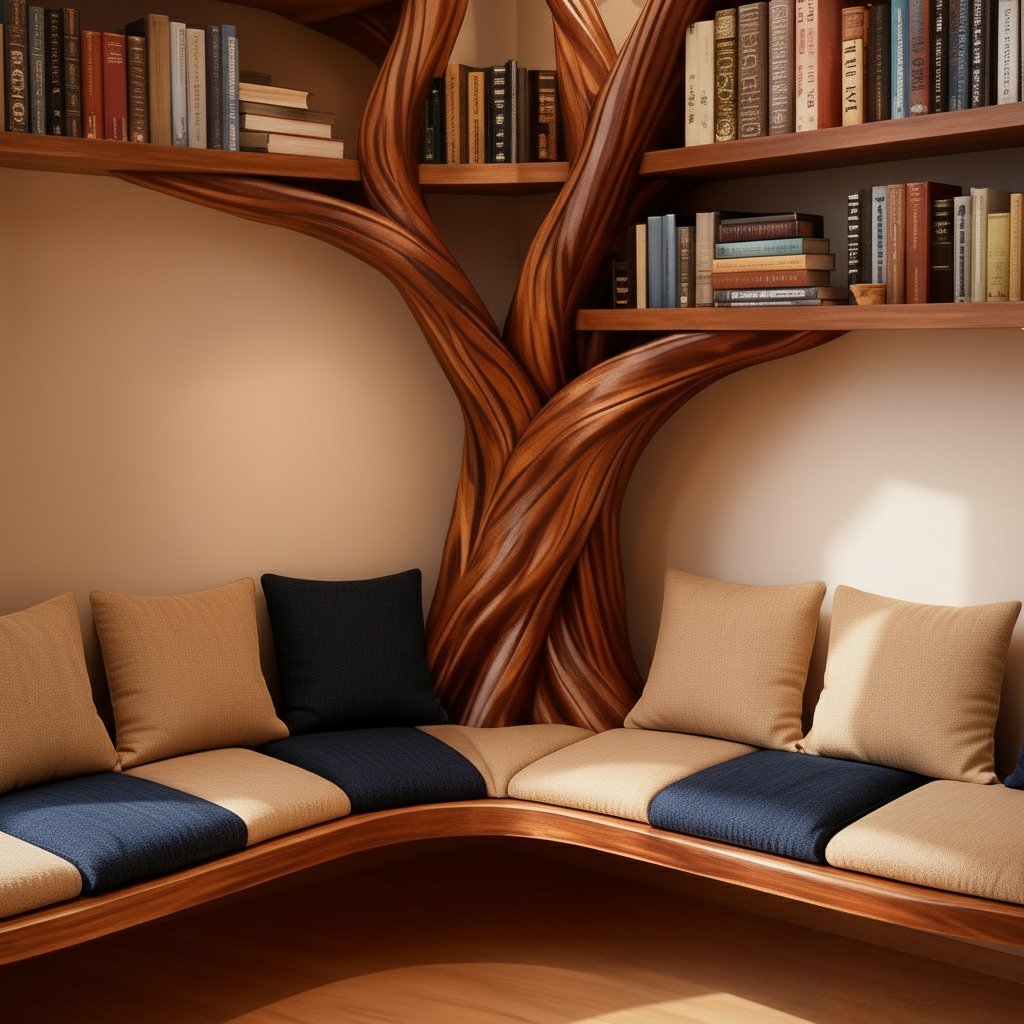 Solid Wood Tree-Branch Bookshelf Live-Edge Reading Nook Living Room Shelving