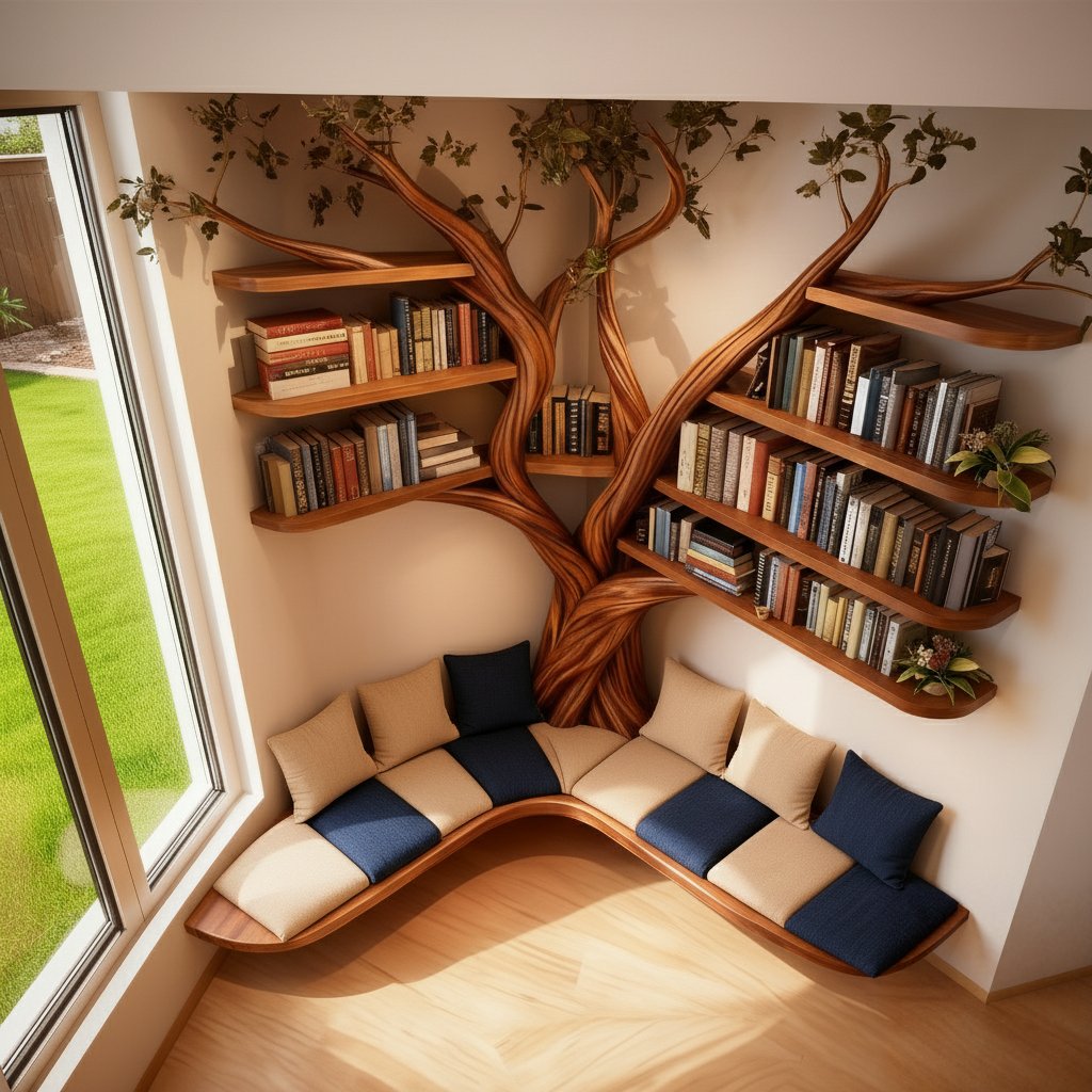 Solid Wood Tree-Branch Bookshelf Live-Edge Reading Nook Living Room Shelving