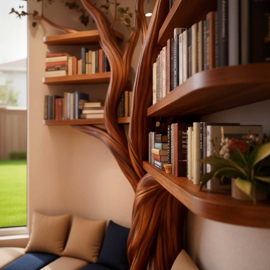 Solid Wood Tree-Branch Bookshelf Live-Edge Reading Nook Living Room Shelving