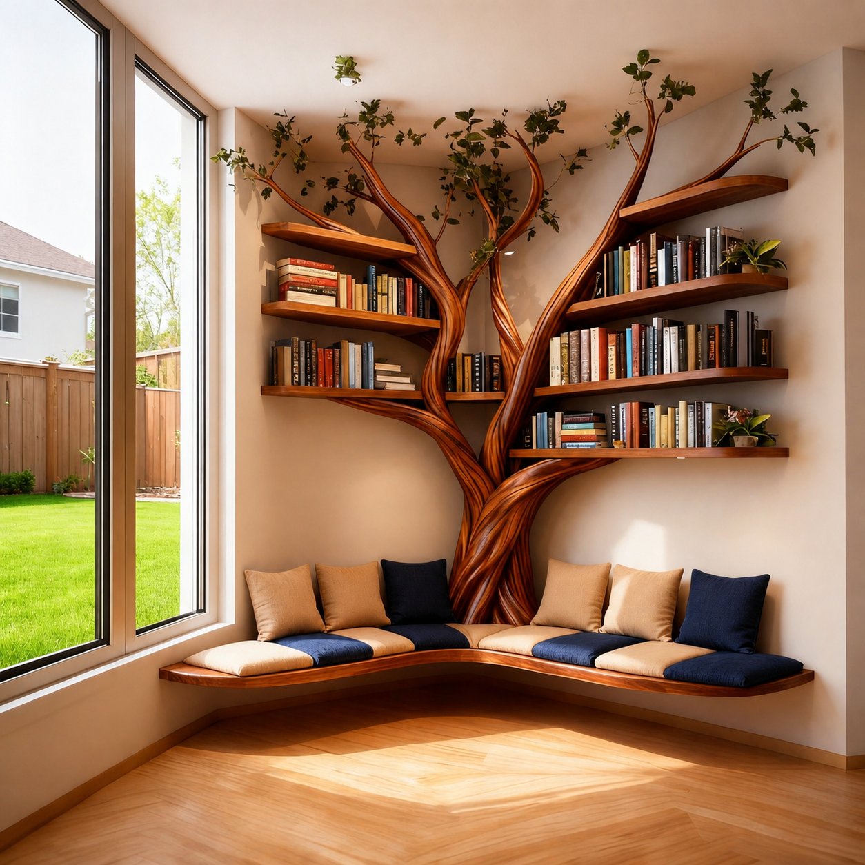 Solid Wood Tree-Branch Bookshelf Live-Edge Reading Nook Living Room Shelving