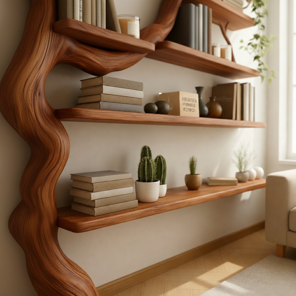 Solid Wood Live-Edge Wall Shelf Wavy Floating Display for Living Room